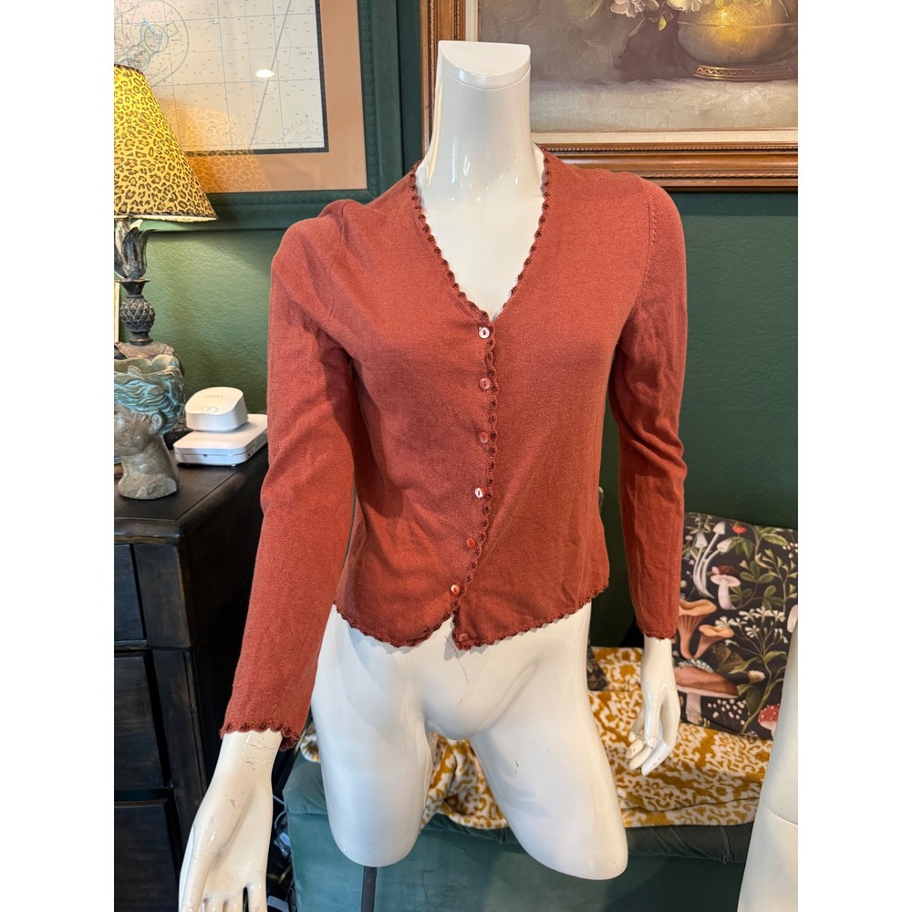 Tyler Boe‎ Burnt Orange Beaded Trim V-Neck Cardigan Sweater XL Cotton Rayon